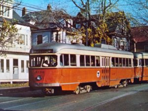 Trolly Train Railway Postcard Boston 3136 & 3131 Double Rail Cars Watertown Sq