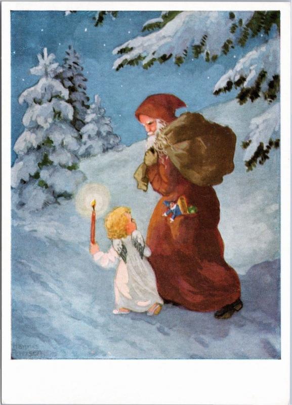 Santa and Angel - Hannes Peterson Christmas Ghost - German postcard