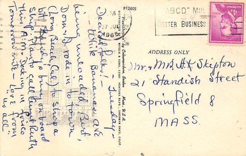 California USA Greetings From 1965 postal marking on front