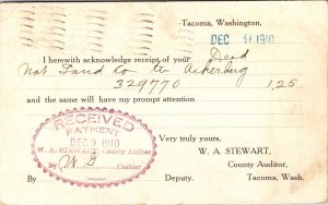 Postcard 1910 Deed Payment/Receipt W.A. Stewart County Auditor Tacoma Washington