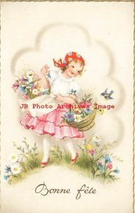 Happy Birthday, Bonne Fete, Girl with Two Baskets of Flowers, Bird