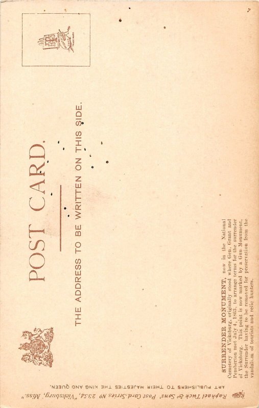 G77/ Vicksburg Mississippi Postcard c1910 Surrender Monument Men