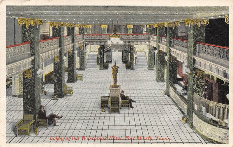 Westbrook Hotel Lobby Interior Fort Worth Texas 1915 postcard