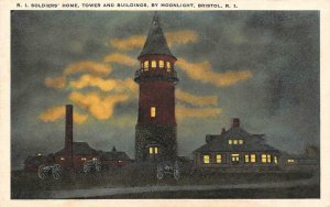 BRISTOL, Rhode Island RI   SOLDIERS HOME & TOWER~Night View  ca1940's Postcard