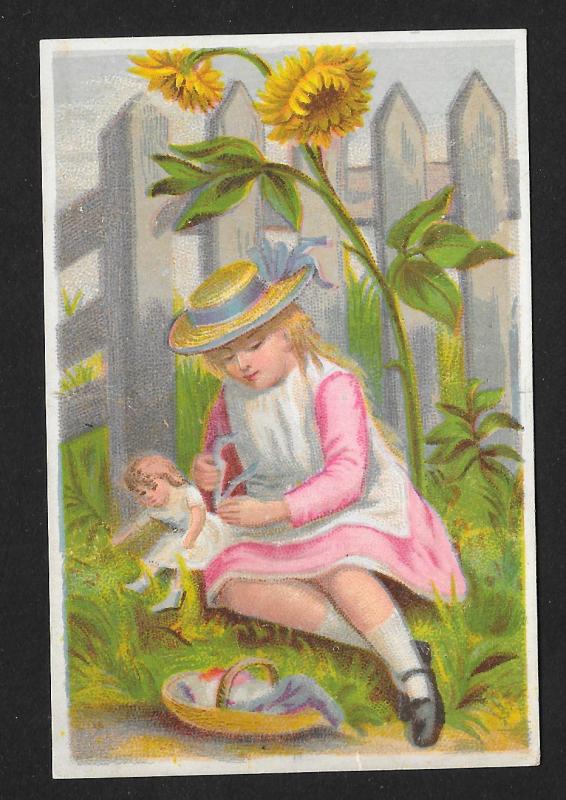 VICTORIAN TRADE CARD Stock Card Girl, Doll & Sunflower at Fence