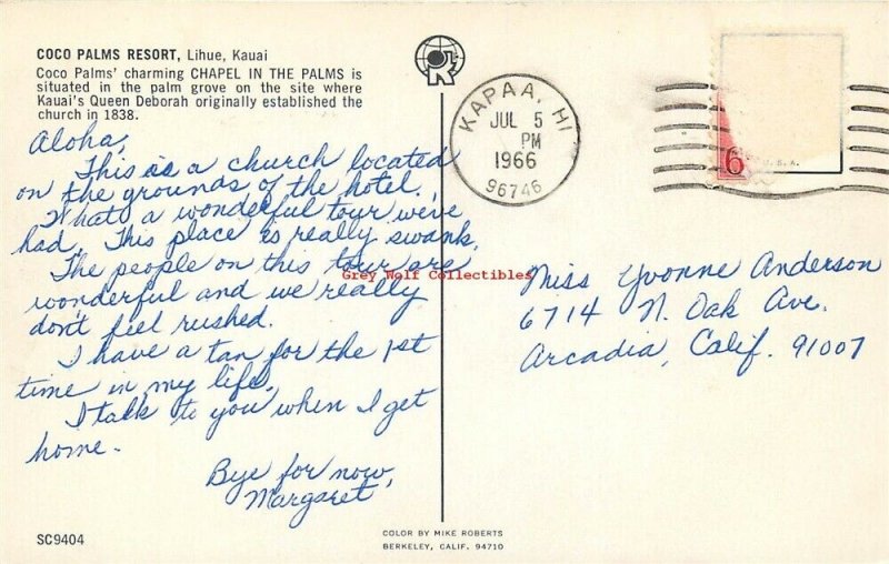 HI, Kauai, Hawaii, Coco Palms Resort, Postmark 1966