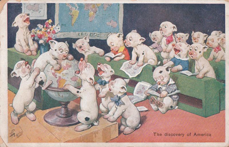 Puppies dogs school classroom geography lesson globe map Discovery of America