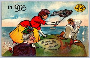 K50/ Leap Year 1908 Holiday Postcard Man Woman Love Butterfly Net 52