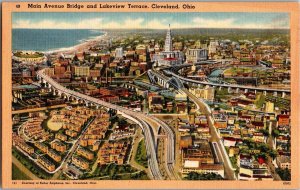Postcard Main Avenue Bridge Cleveland Ohio Stadium KF13