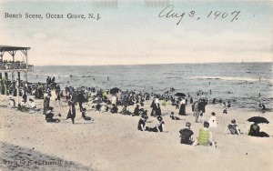 Beach Scene Ocean Grove New Jersey 1907c postcard