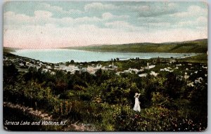 Seneca Lake & Watkins New York c1906 Postcard Aerial View Girl