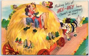Postcard - Making lots of Hey-Hey here - Lovers Kissing Hay Cows Comic Art Print