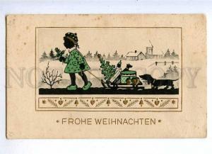 187444 X-mas SILHOUETTE Girl & DACHSHUND Vintage EMBOSSED PC