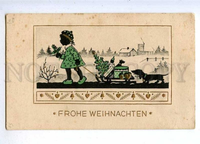 187444 X-mas SILHOUETTE Girl & DACHSHUND Vintage EMBOSSED PC