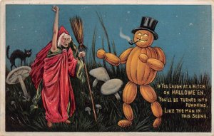 J79/ Halloween Postcard c1910 876 3 Pumpkin Man Witch Mushroom 99