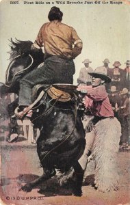 FIRST RIDE ON A WILD BRONCO JUST OFF THE RANGE COWBOY RODEO POSTCARD 1923
