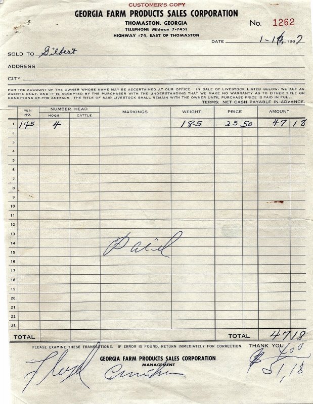 1967 GEORGIA FARM PRODUCTS SALES CORPORATION THOMASTON GEORGIA INVOICE 16-28 