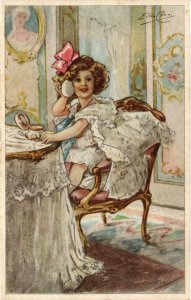 PC ARTIST SIGNED, CENNI, A GIRL AND HER MAKEUP, Vintage Postcard (b46392)