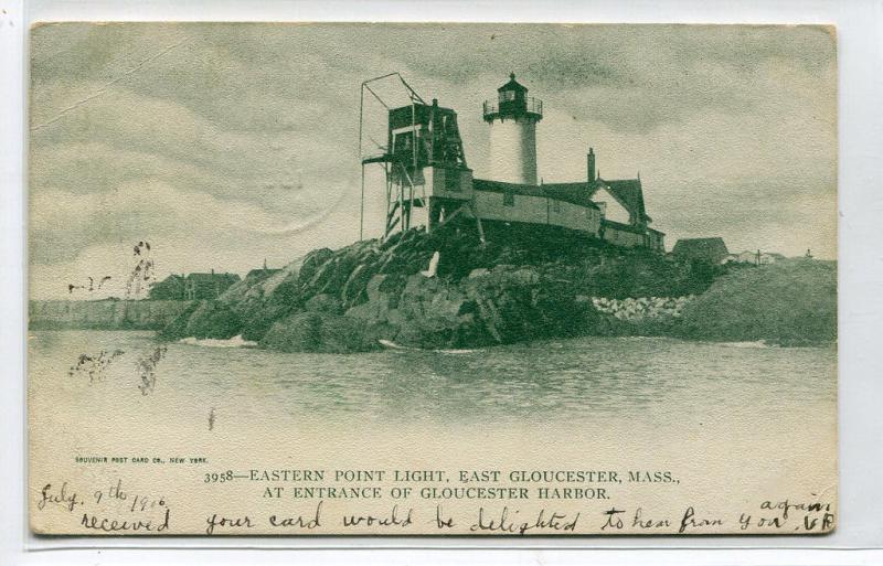 Eastern Point Lighthouse East Gloucester Massachusetts 1906 postcard