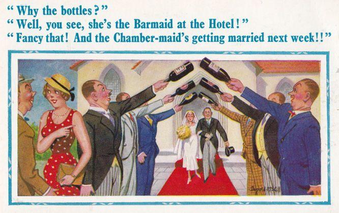 Bride Leaving The Church Champagne Bottle Procession Comic Humour Postcard