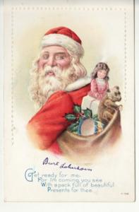 CHRISTMAS   SANTA and TEDDY BEAR / DOLL  postcard 158