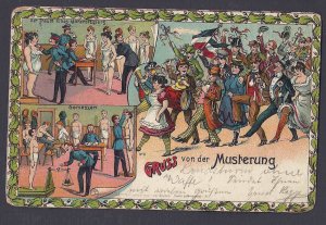 1905 GREETINGS FROM THE MUSTERING, PHYSICAL CHECK UP BERLIN TO NY, RARE