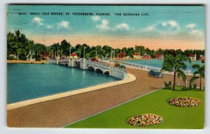 Snell Isle Bridge St. Petersburg Florida Postcard 1948 Old Automobiles Cars Road