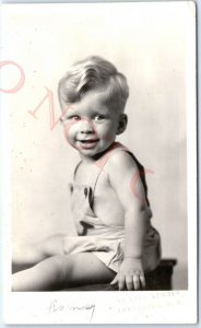 c1940s Brookings, SD Handsome Baby Boy Portrait RPPC Smile Wavy Hair Clarin A140