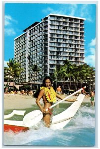 1960 Exterior View Outrigger Hotel Women boat  Honolulu Waikiki Vintage Postcard