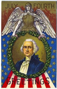 4th of July George Washington Armoured Angel Wreath Flag Postcard