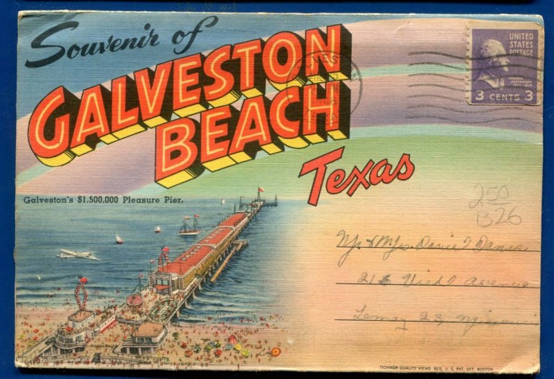 Galveston Beach Texas tx Pleasure Pier Bolivar Ferry postcard folder