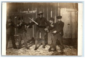 c1910's Children Playing Sword Fighting Smoking Pipe Smoke RPPC Photo Postcard