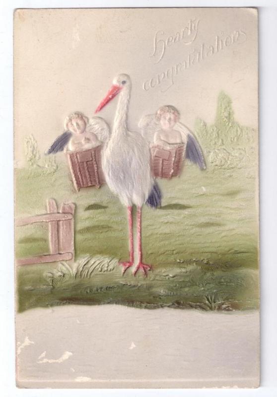 Stork with Twins Congratulations Airbrushed Embossed 1907