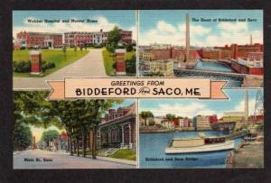 ME Greetings from BIDDEFORD & SACO MAINE Linen Postcard