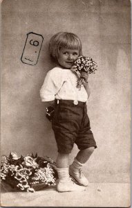 Boy With Flowers Vintage Postcard C007