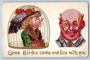 Humor Postcard Woman In Bird Cage Come Birdie And Live With Me Embossed c1910's