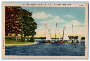 c1940's Boat Scene, On Lake Champlain Greetings from Port Henry NY Postcard