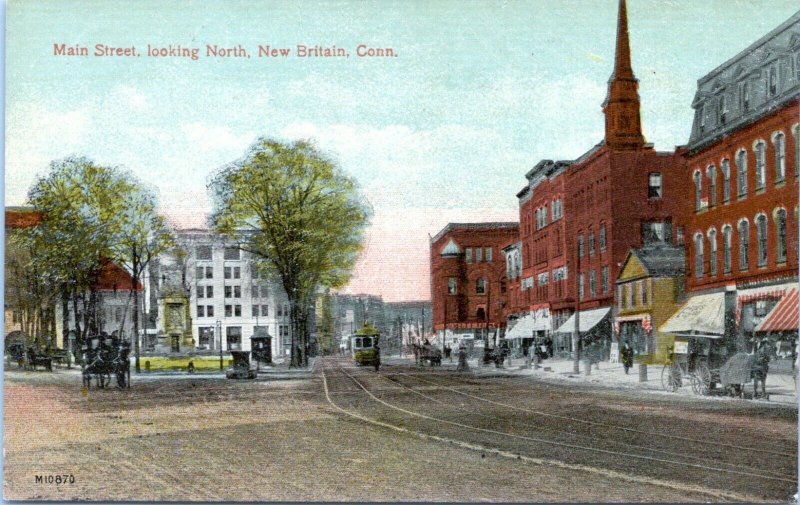 New Britain Connecticut Postcard 1910 Main Street View Looking North Trolley MS