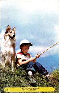 Greetings from Nyssa Oregon Postcard Boy Fishing Border Collie