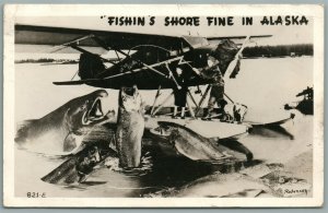 FISHING IN ALASKA EXAGGERATED VINTAGE REAL PHOTO POSTCARD RPPC