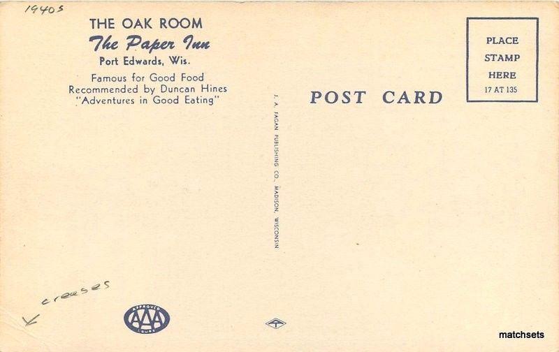 1940s Oak Room Paper Inn Port Edwards Wisconsin Fagan postcard 5244