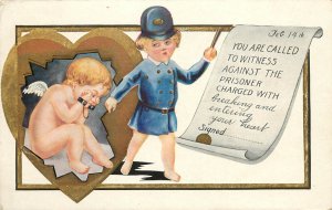 Embossed Valentine Postcard Police Baby Hand Cuffs Cupid For Breaking Hearts