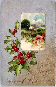 1906 A Joyful Christmas, Holy Leaf  And Cottage Landscape, Vintage Postcard