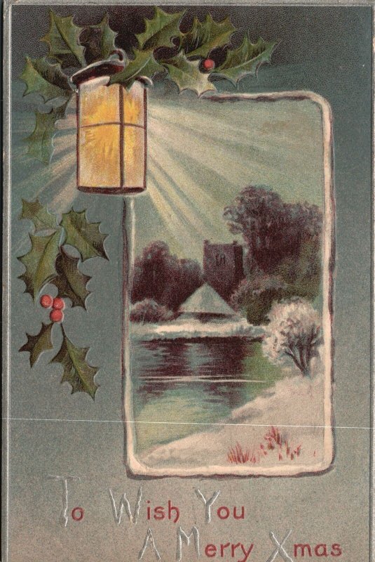 Vintage Postcard 1910's To Wish You A Merry Christmas Lamp Holiday Season