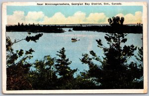 Postcard Georgian Bay Ontario c1929 Near Minnicoganashene Scenic View Boat
