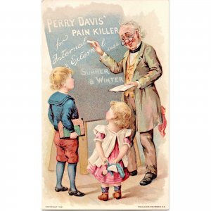 PERRY DAVIS' Pain Killer - Children Blackboard 1891 Antique Victorian Trade Card