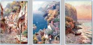 3 Tuck Postcards CLOVELLY, U.K.~ Wimbush HIGH STREET, Rose Cottage, Gallant Rock