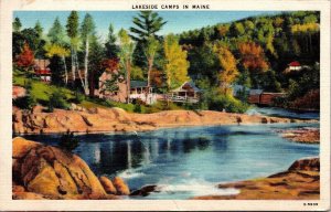 Lakeside Camps In Maine Scenic Landscape Forest Linen Cancel WOB Postcard 