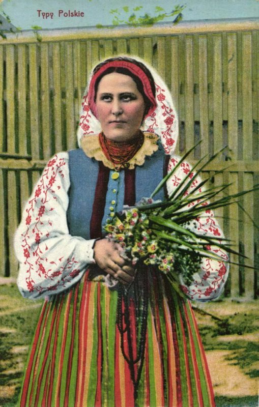 poland, Typy Polskie, Woman with Flowers in Traditional Costumes (1917) Postcard