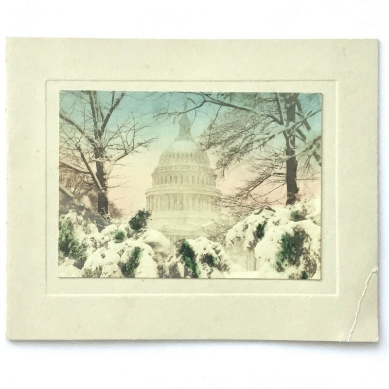 c1940 Vintage US Capitol Winter Hand-Colored Photograph Holiday Greetings Card